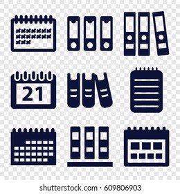 Binder icons set. set of 9 binder filled icons such as calendar, notebook