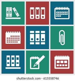Binder icons set. set of 9 binder filled icons such as binder, calendar, notebook