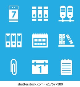 Binder icons set. set of 9 binder filled icons such as binder, calendar, notebook, calendar 7 date