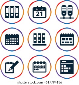 Binder icons set. set of 9 binder filled icons such as calendar, notebook