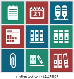 Binder icons set. set of 9 binder filled icons such as binder, notebook, calendar