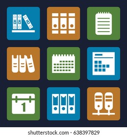 Binder icons set. set of 9 binder filled icons such as binder, calendar
