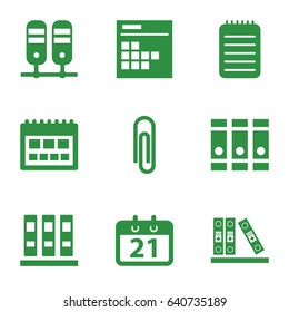 Binder icons set. set of 9 binder filled icons such as binder, notebook, calendar