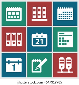 Binder icons set. set of 9 binder filled icons such as calendar, notebook