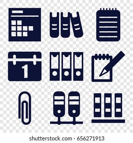 Binder icons set. set of 9 binder filled icons such as calendar, notebook, binder