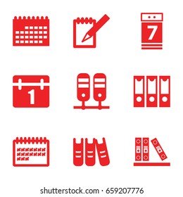 Binder icons set. set of 9 binder filled icons such as calendar, notebook, binder