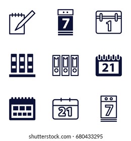 Binder icons set. set of 9 binder filled and outline icons such as calendar, calendar 7 date, notebook
