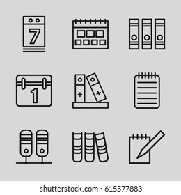 Binder icons set. set of 9 binder outline icons such as binder, calendar, notebook