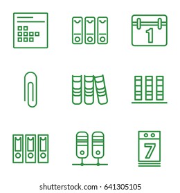 Binder icons set. set of 9 binder outline icons such as calendar, calendar 7 date, binder