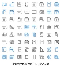 binder icons set. Collection of binder with calendar, notebook, notepad, stationery, folder, agenda, paper clip. Editable and scalable binder icons.