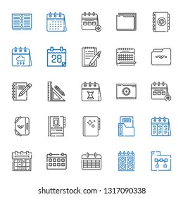 binder icons set. Collection of binder with folder, calendar, agenda, stationery, notebook, notepad. Editable and scalable binder icons.