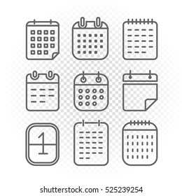 Binder silhouettes collection with different icons isolated on transparent background. Lineart vector calendar set