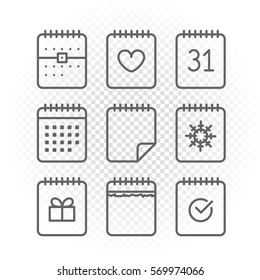 Binder silhouettes collection with different icons isolated on transparent 
background. Lineart vector calendar set. Vector diary set. Doodle vector icons
