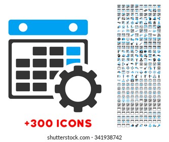 Pictograma vectorial de ajuste de enlace con 300 iconos adicionales de administración de fecha y hora. El estilo es símbolos planos bicolor, colores azul y gris, ángulos redondeados, fondo blanco.