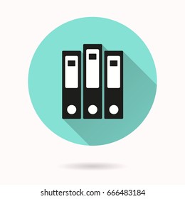 Binder vector icon with long shadow. White illustration for graphic and web design. Circle buttons.