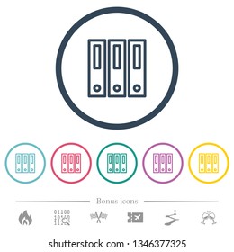 Binders flat color icons in round outlines. 6 bonus icons included.