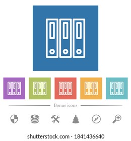 Binders flat white icons in square backgrounds. 6 bonus icons included.