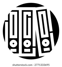 Binders forming a stylized icon within a black circle, symbolizing document management, administrative tasks, and effective data storage in business and office environments