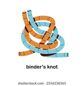 Binders knot tied with rope. Intricate binding, intertwined string connection, twisted loops. Complex entwined lacing, cord, wire, double line. Flat vector illustration isolated on white background