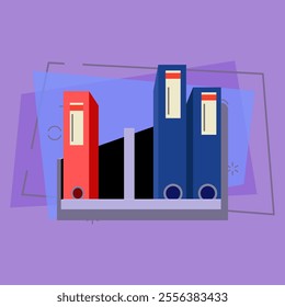 Binders on shelf. Office folders with papers and documents. Office attributes concept. Vector illustration can be used for topics like data storage, paperwork, archive