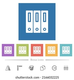 Binders solid flat white icons in square backgrounds. 6 bonus icons included.