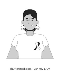 Bindi hindu mulher vestindo camisa fita de solidariedade preto e branco 2D personagem linha. Consciência do câncer de mama T ponto vermelho feminino indiano isolado vetor pessoa contorno. Ilustração de ponto monocromático