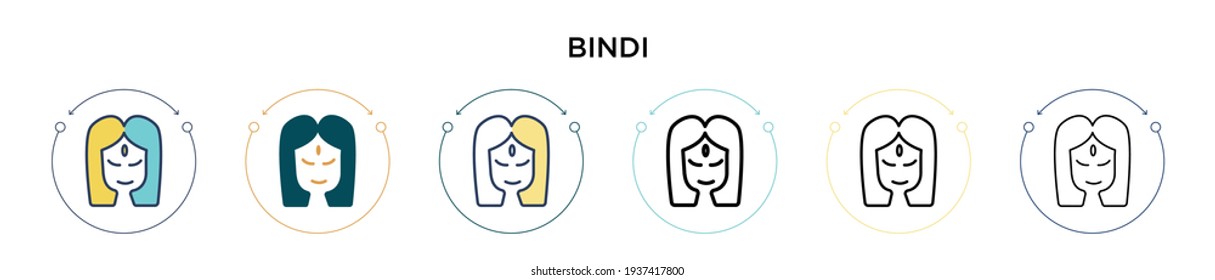 Bindi icon in filled, thin line, outline and stroke style. Vector illustration of two colored and black bindi vector icons designs can be used for mobile, ui, web