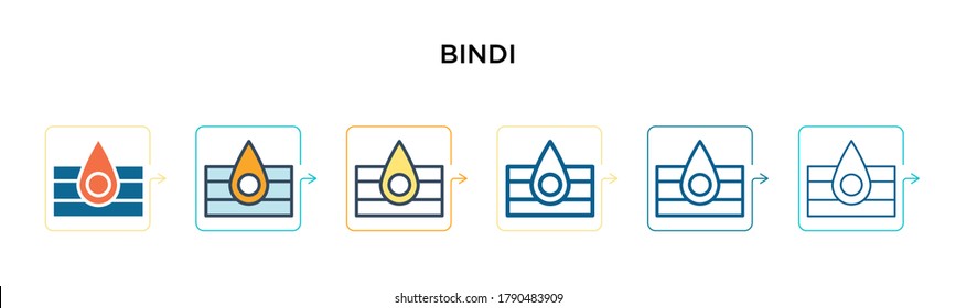Bindi vector icon in 6 different modern styles. Black, two colored bindi icons designed in filled, outline, line and stroke style. Vector illustration can be used for web, mobile, ui