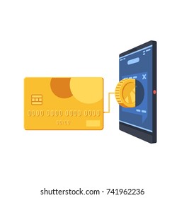 Tarjeta de crédito vinculante con concepto de aplicación móvil, pago móvil y Ilustración vectorial plana de compras 