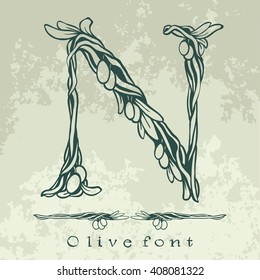 Binding flowering branches of the olive tree - floral alphabet - vector lettering illustration