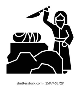 Binding of Isaac glyph icon. Hebrew Bible story. Abraham sacrificing son on Moriah altar. Holy book scene plot. Biblical narrative. Silhouette symbol. Negative space. Vector isolated illustration