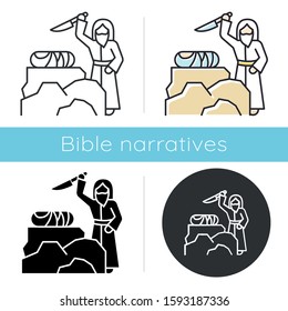 Binding of Isaac icon. Hebrew Bible story. Abraham sacrificing son on Moriah altar. Christian religion. Biblical narrative. Glyph, chalk, linear and color styles. Isolated vector illustrations
