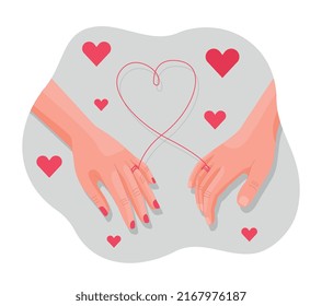 Binding with red thread. Male and female hand, metaphor for love and romantic relationships. Couple or family on date. Design for greeting card for valentines day. Cartoon flat vector illustration