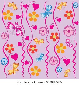 Bindweed, butterflies and flowers. Composition on a pink background. Design for textiles, tapestries, packaging materials, baby products.