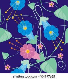 Bindweed flowers. The seamless pattern off climbing plant with green leaves, blue and pink flowers in the shape of a bell on a dark blue background.