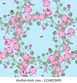 Bindweed and ladybugs seamless pattern