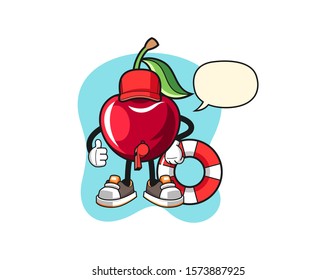 Bing cherry beach lifeguard with speech bubble cartoon. Mascot Character vector.