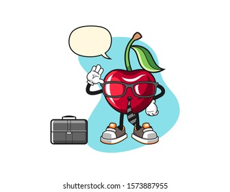 Bing cherry businessman with speech bubble cartoon. Mascot Character vector.