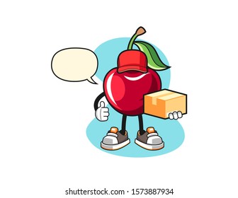 Bing cherry courier with speech bubble cartoon. Mascot Character vector.