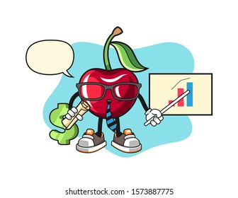 Bing cherry economist with speech bubble cartoon. Mascot Character vector.