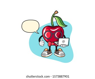 Bing cherry geek with speech bubble cartoon. Mascot Character vector.