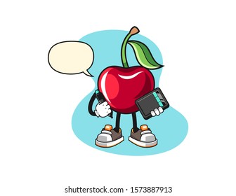 Bing cherry graphic designer with speech bubble cartoon. Mascot Character vector.