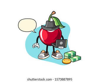 Bing cherry hacker with speech bubble cartoon. Mascot Character vector.