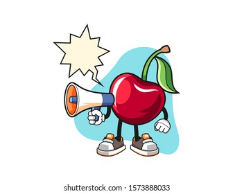 Bing cherry holds megaphone with speech bubble cartoon. Mascot Character vector.