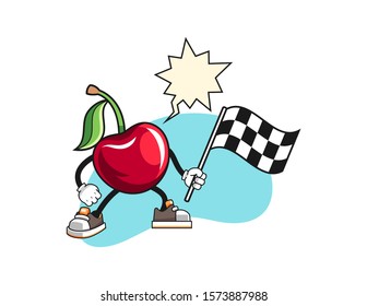 Bing cherry holds racing flag with speech bubble cartoon. Mascot Character vector.
