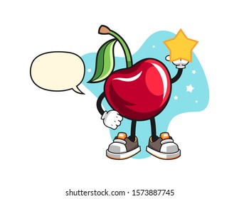 Bing cherry holds a star with speech bubble cartoon. Mascot Character vector.
