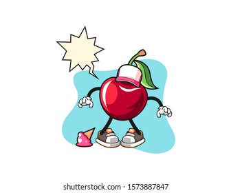 Bing cherry with ice cream fall with speech bubble cartoon. Mascot Character vector.
