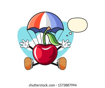 Bing cherry jumping parachute with thought bubble cartoon. Mascot Character vector.