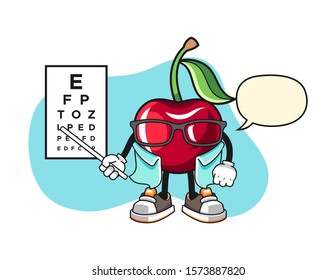 Bing cherry optician with speech bubble cartoon. Mascot Character vector.