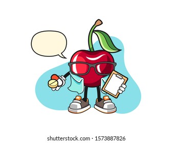 Bing cherry pharmacist with speech bubble cartoon. Mascot Character vector.